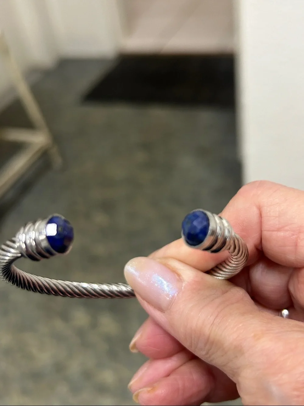 Stainless Silver tone, genuine, gemstone, Open Cuff Bracelet with Blue Lapis